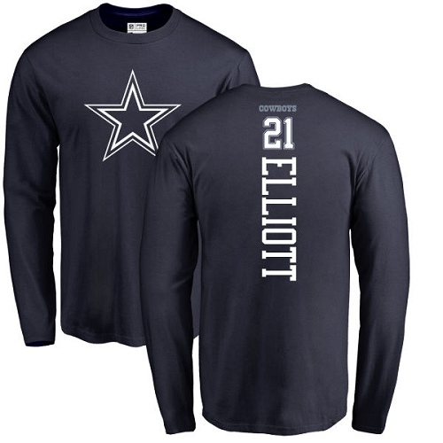 Men Dallas Cowboys Navy Blue Ezekiel Elliott Backer #21 Long Sleeve Nike NFL T Shirt->nfl t-shirts->Sports Accessory